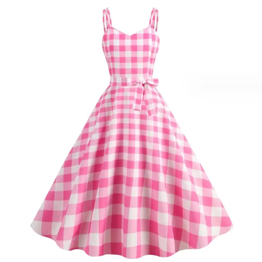 Robe barbie rose vichy vintage carreaux