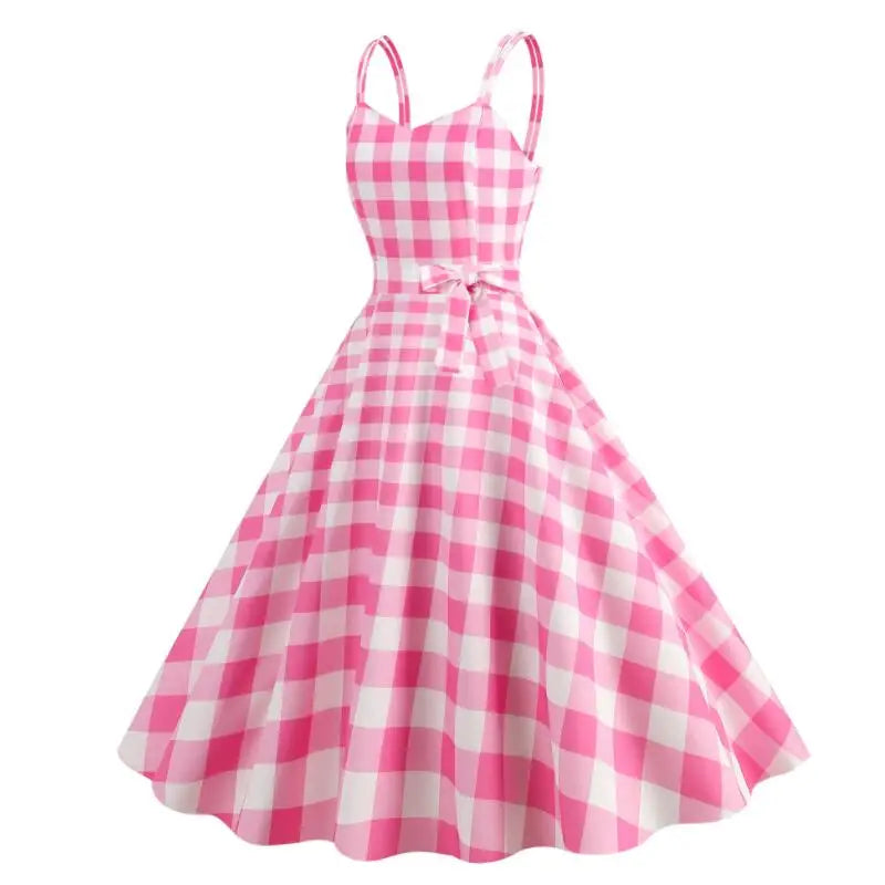 Robe barbie rose vichy vintage carreaux blanc