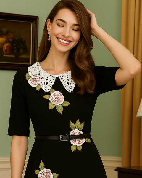 Robe fleurie vintage noir à dentelle