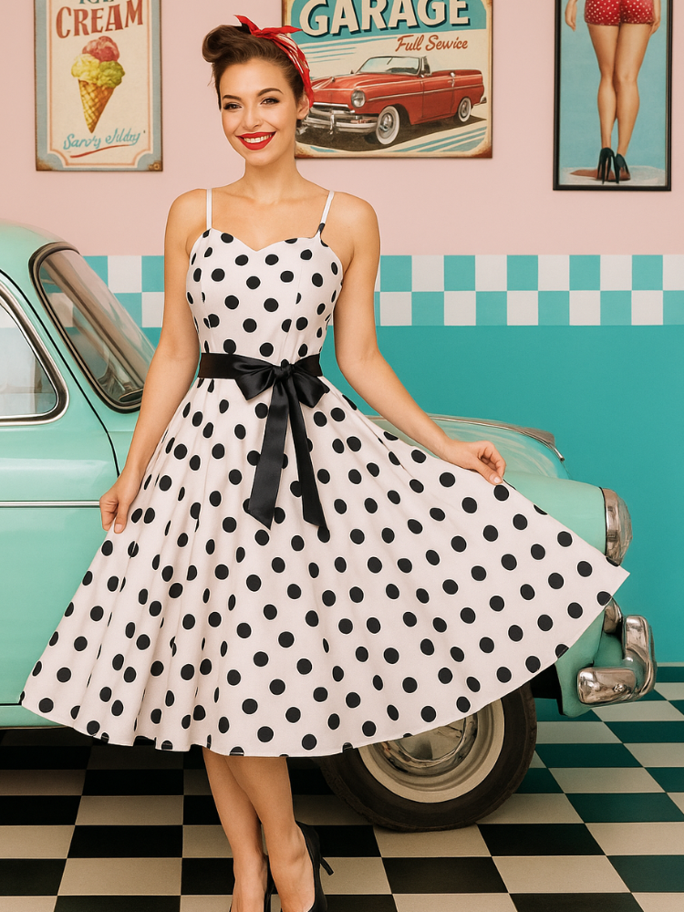 Robe vintage blanche à pois noir