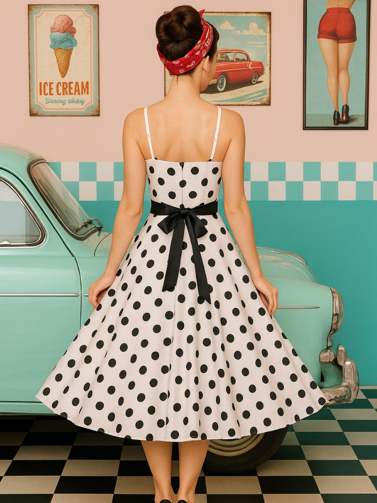 Robe vintage blanche à pois noir