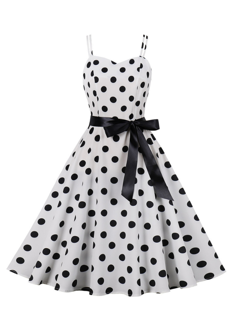 Robe vintage blanche à pois noir