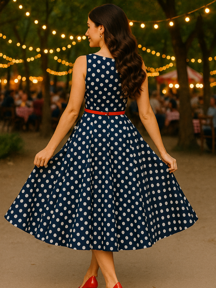 Robe vintage bleu à pois blanc