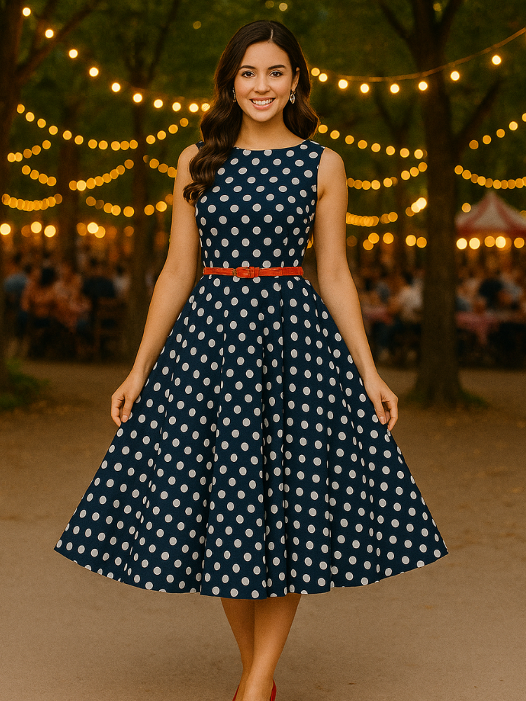 Robe vintage bleu à pois blanc