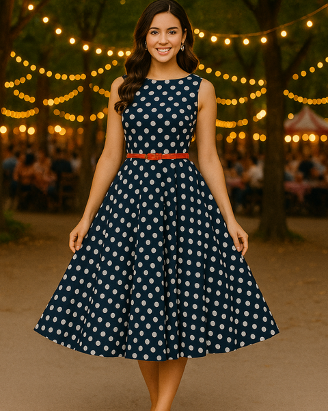 Robe vintage bleu à pois blanc