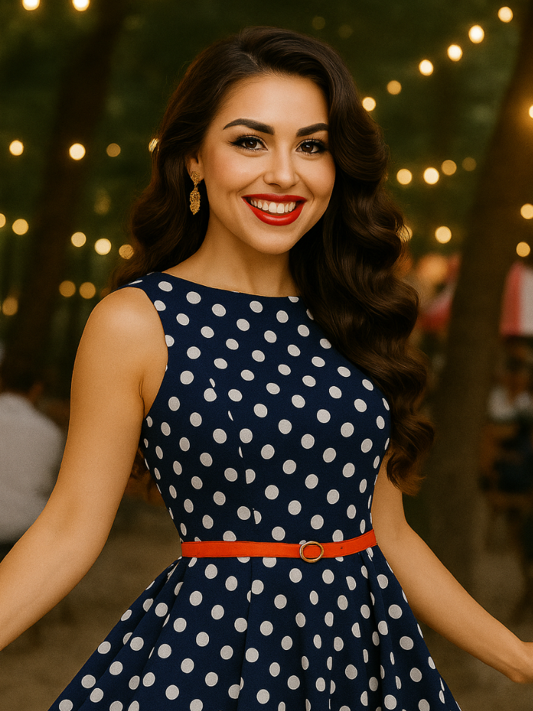 Robe vintage bleu à pois blanc