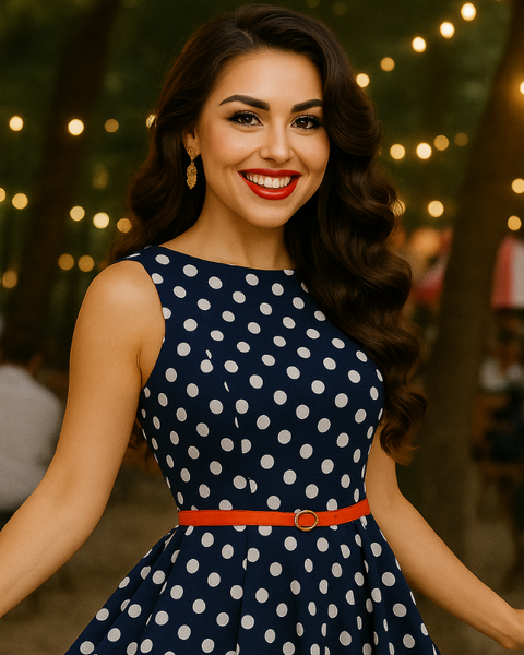 Robe vintage bleu à pois blanc