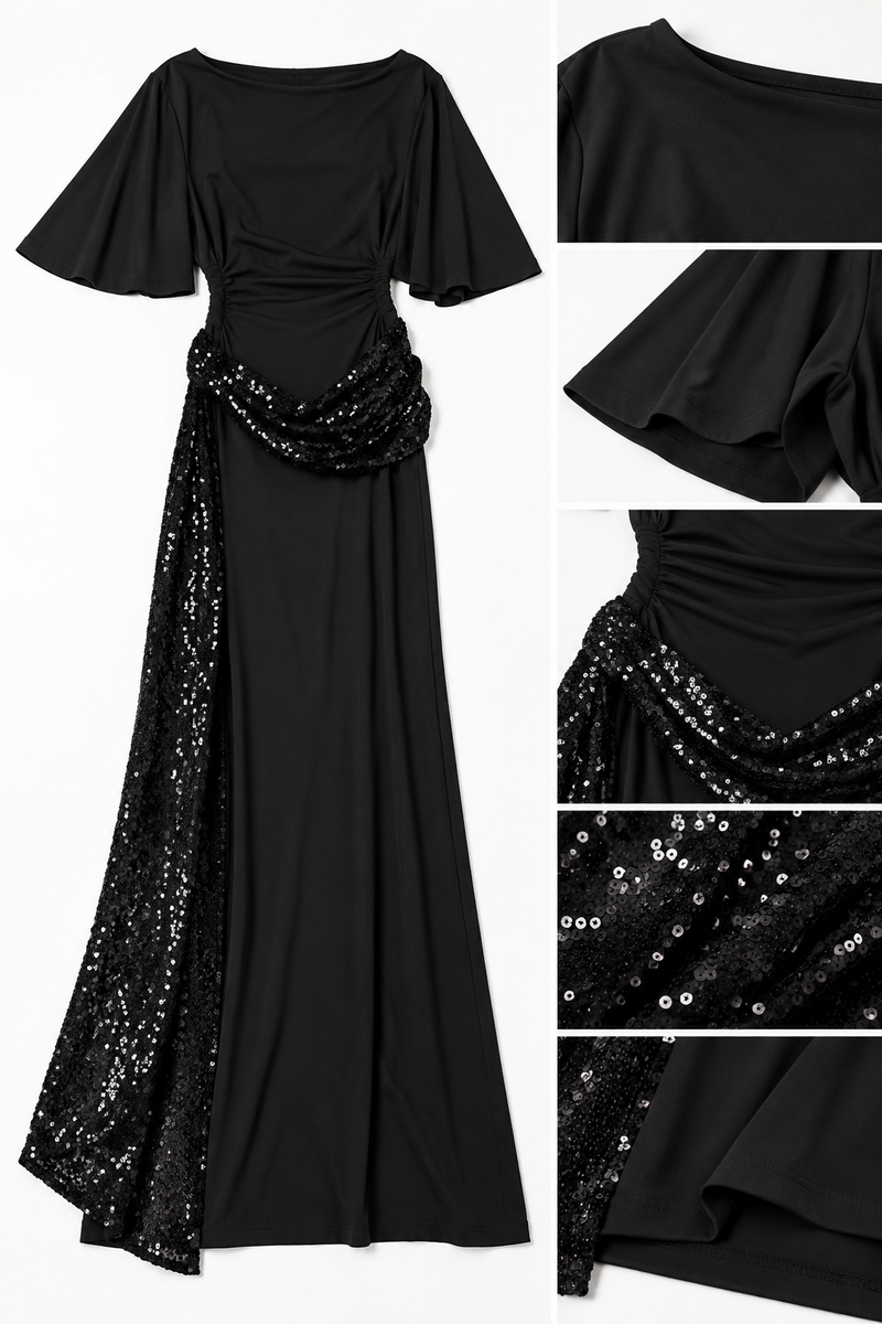 Robe longue noire à sequins années 80
