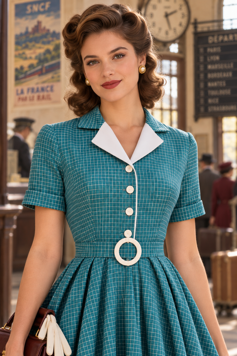 Robe vintage années 40 à carreaux bleu-vert
