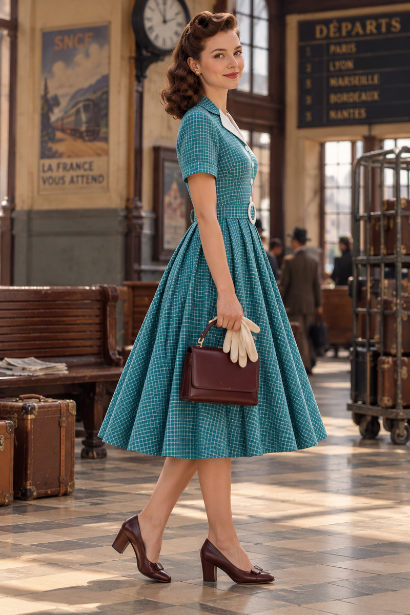 Robe vintage années 40 à carreaux bleu-vert