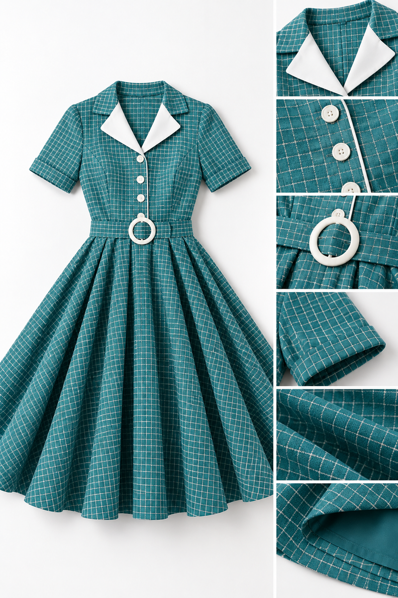Robe vintage années 40 à carreaux bleu-vert