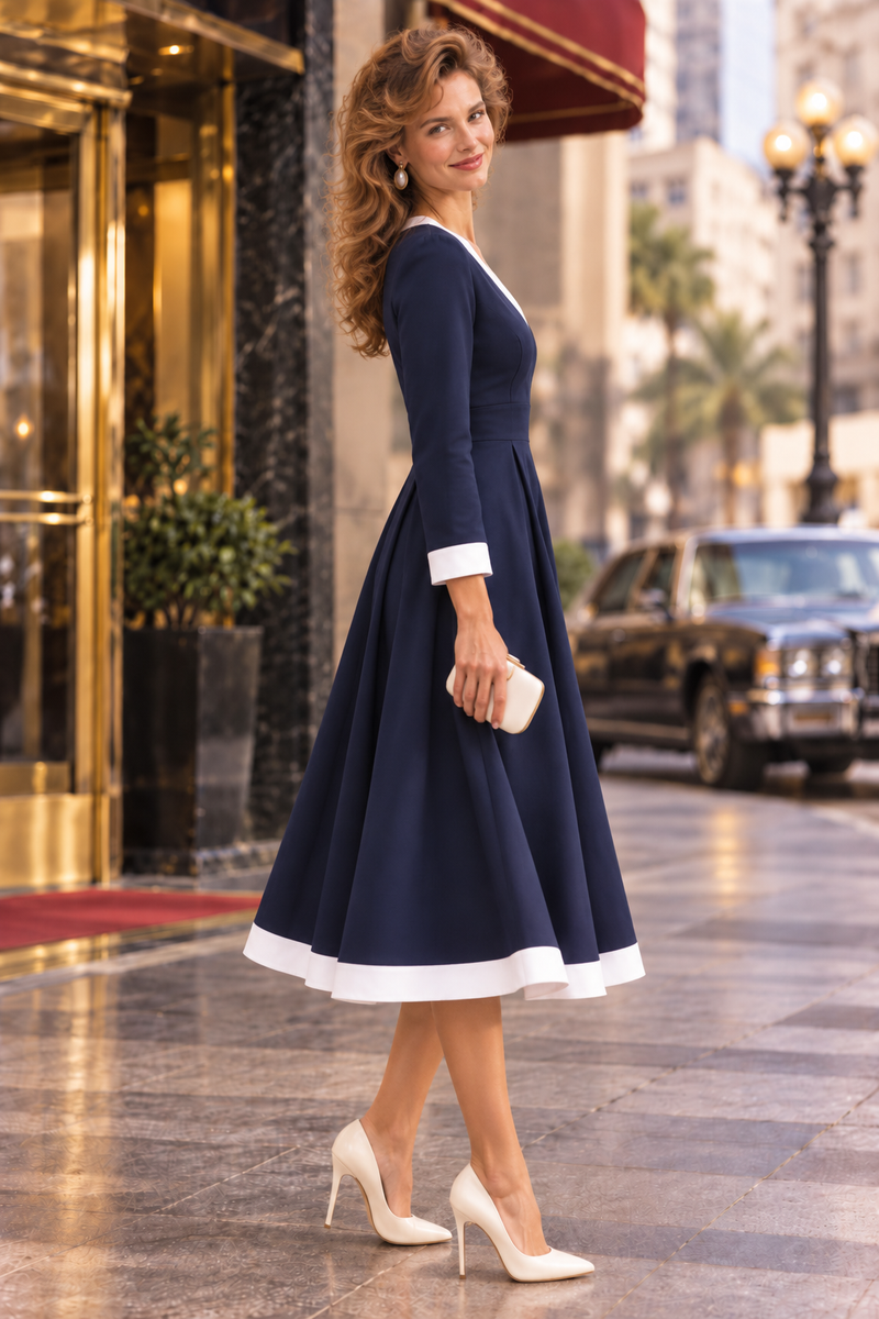 Robe midi bleu marine rétro années 80