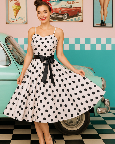 Robe vintage blanche à pois noir