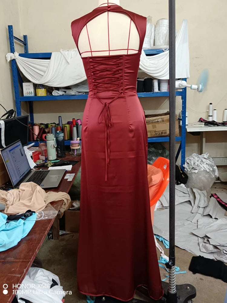 Mozision Satin Cowl Neck Mermaid Maxi Dress Women Elegant Sleeveless Draped Ruched Bodycon Long Evening Party Gown Vestidos