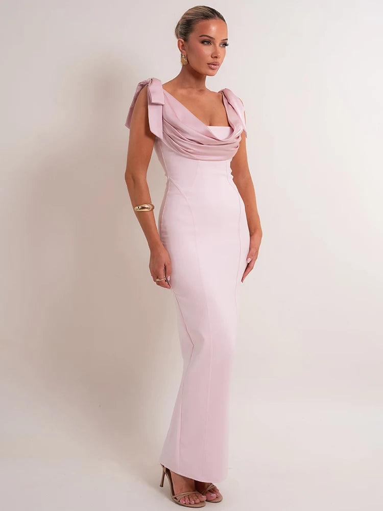 Mozision Women Draped Cowl Neck Mermaid Maxi Dress Bow Shoulder Sleeveless Back Split Solid Pink Satin Evening Party Long Dress