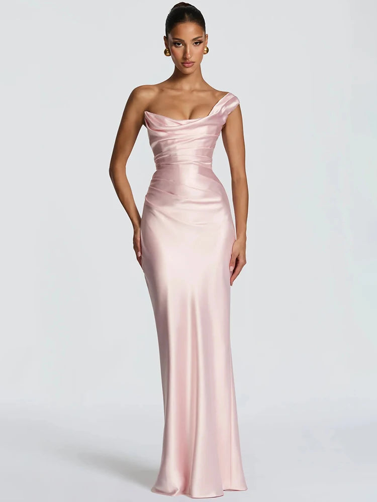 Mozision Elegant Satin One Shoulder Evening Dress Women Cowl Neck Sleeveless Bodycon Maxi Dress 2026 Spring Summer Party Gowns