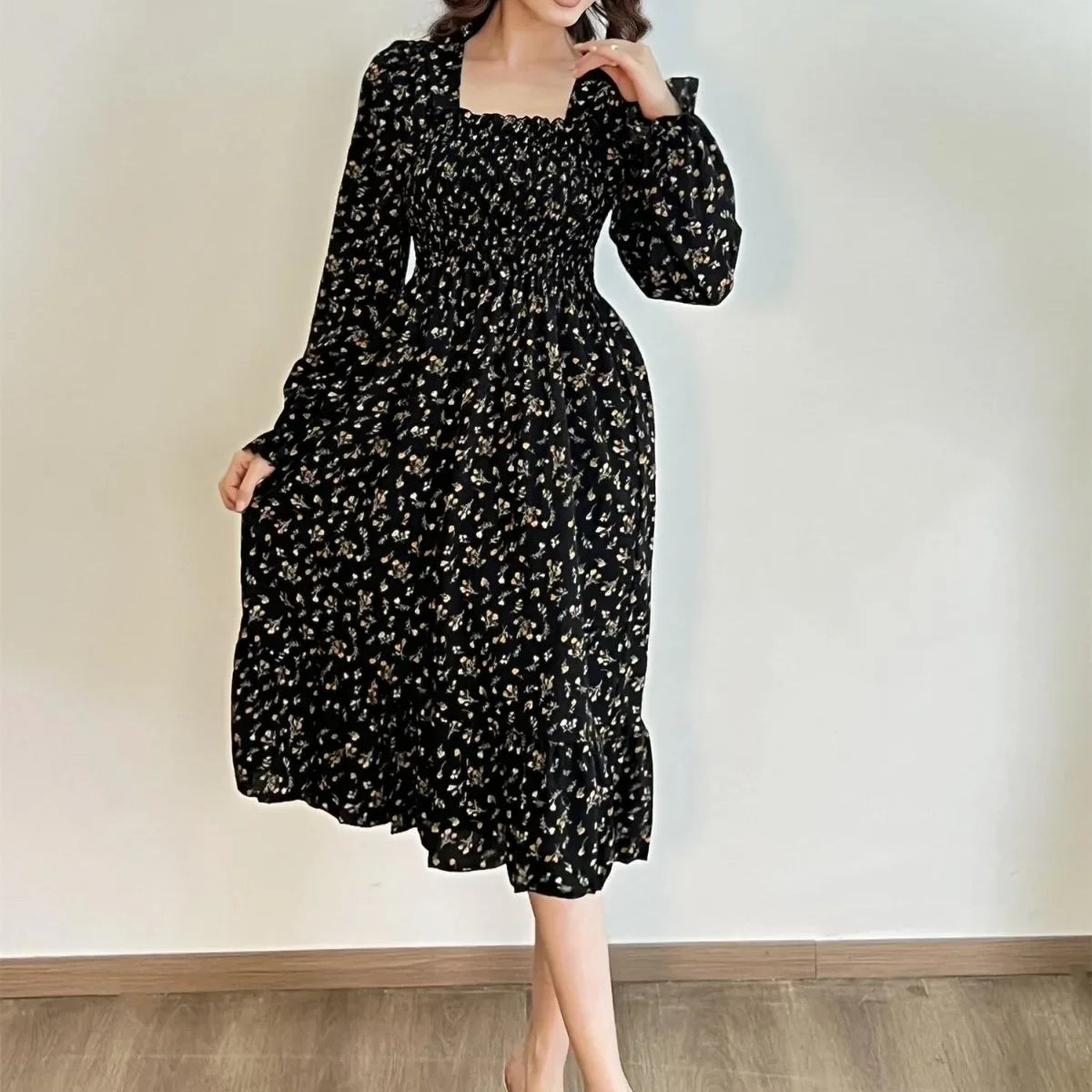 Long Sleeve Casual Dress Women Chiffon Dresses Autumn Spring A-line Printed Floral Elastic Chest Lace Up Midi Dresses Vestidos