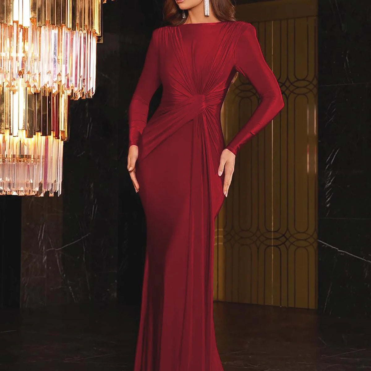 Dulzura Long Sleeves Shoulder Pad Ruched Maxi Dress Solid Elegant Prom Evening Party Long Dress Women’S Autumn Winter Outfit