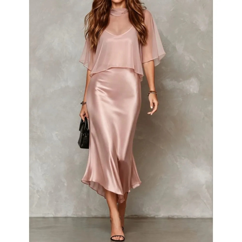 Elegant Women's Chiffon Cape Top Satin Mermaid Dresses Fashion Slim Bodycon Cami Dress Evening Party Cocktail Dress Female