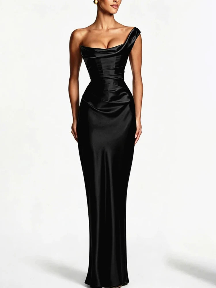 Mozision Elegant Satin One Shoulder Evening Dress Women Cowl Neck Sleeveless Bodycon Maxi Dress 2026 Spring Summer Party Gowns