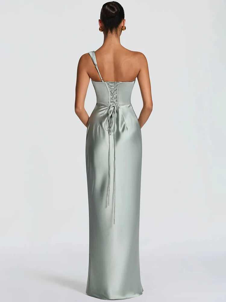 Mozision Elegant Satin One Shoulder Evening Dress Women Cowl Neck Sleeveless Bodycon Maxi Dress 2026 Spring Summer Party Gowns