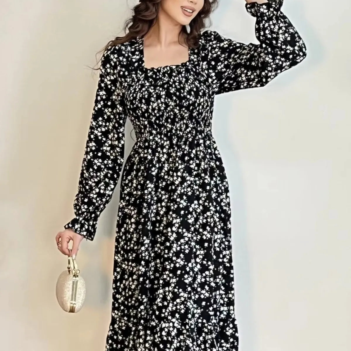 Long Sleeve Casual Dress Women Chiffon Dresses Autumn Spring A-line Printed Floral Elastic Chest Lace Up Midi Dresses Vestidos