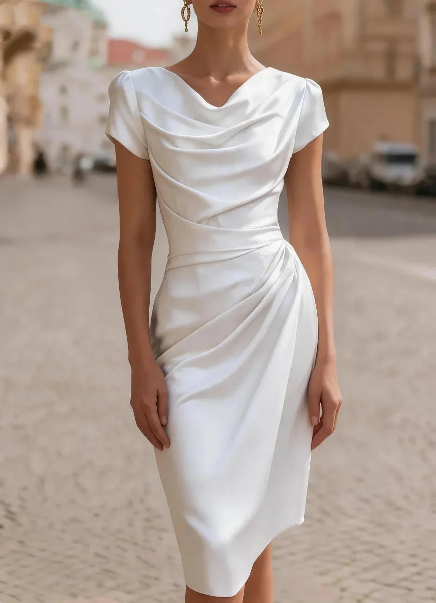 Women Cowl Neck Satin Midi Pencil Dress Cap Sleeve Waist Ruched Slim Elegant Cocktail Dress