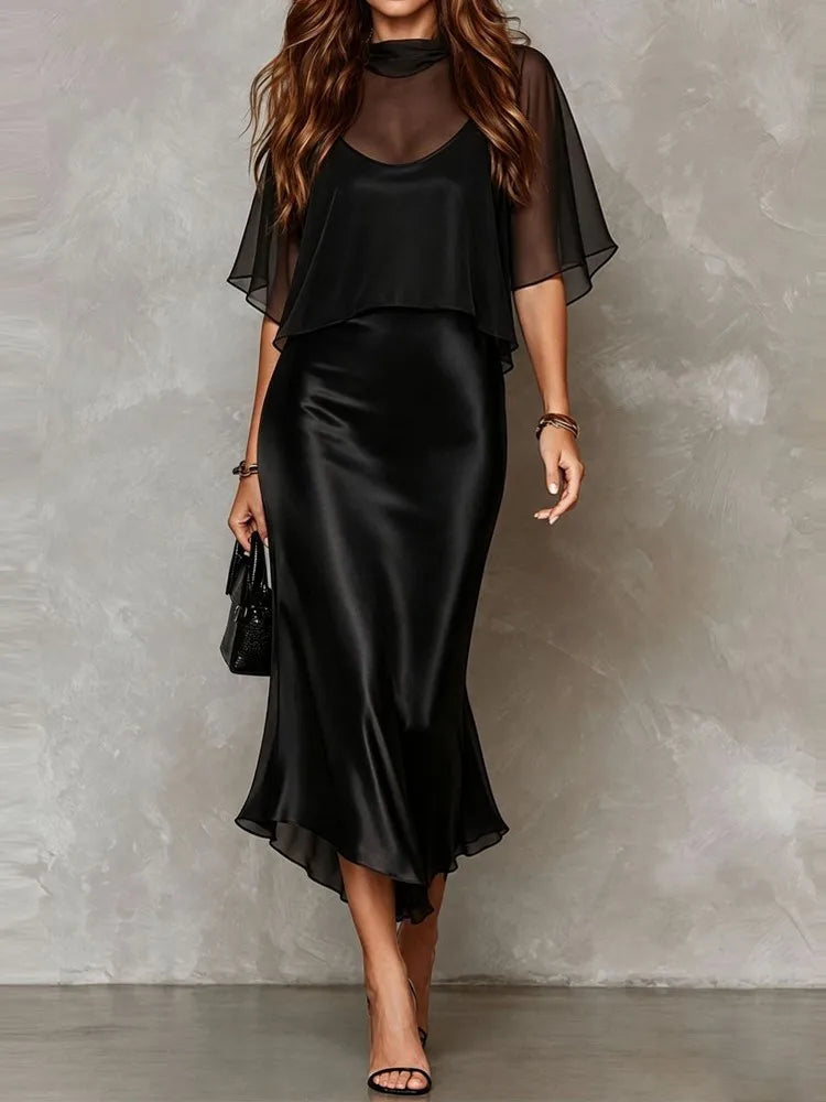 Elegant Women's Chiffon Cape Top Satin Mermaid Dresses Fashion Slim Bodycon Cami Dress Evening Party Cocktail Dress Female