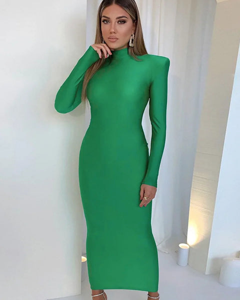 Shoulder Padded Long Sleeve Bodycon Green Party Club Maxi Long Dress  Spring Autumn Women Fashion Elegant Clothes
