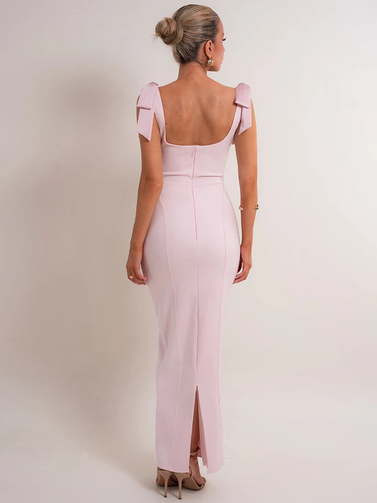 Mozision Women Draped Cowl Neck Mermaid Maxi Dress Bow Shoulder Sleeveless Back Split Solid Pink Satin Evening Party Long Dress