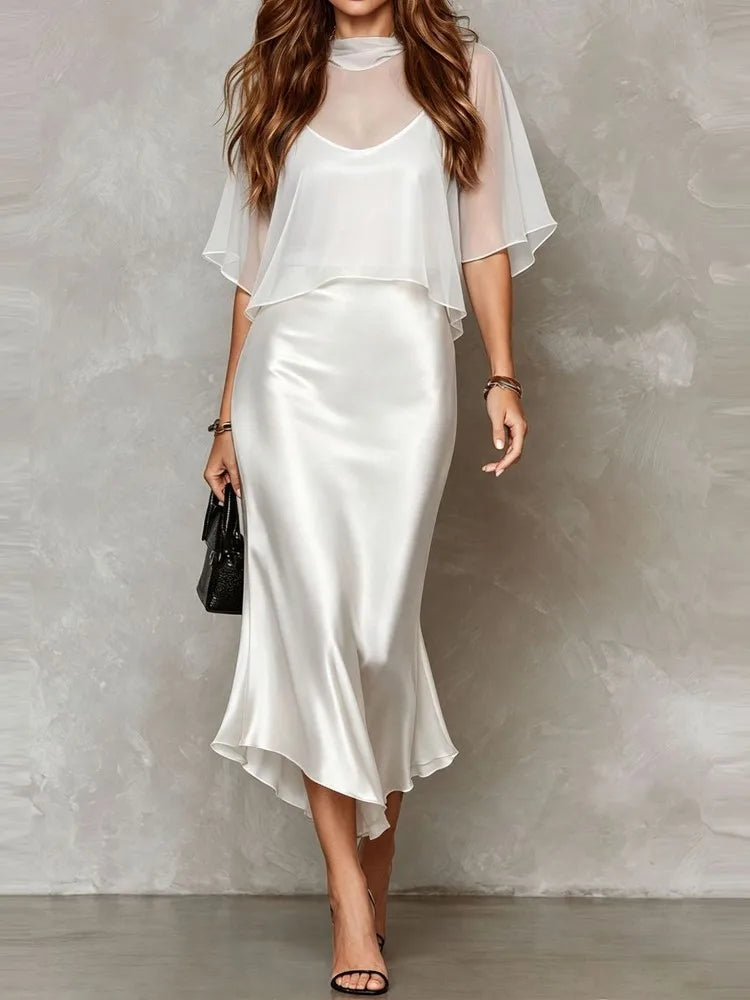 Elegant Women's Chiffon Cape Top Satin Mermaid Dresses Fashion Slim Bodycon Cami Dress Evening Party Cocktail Dress Female