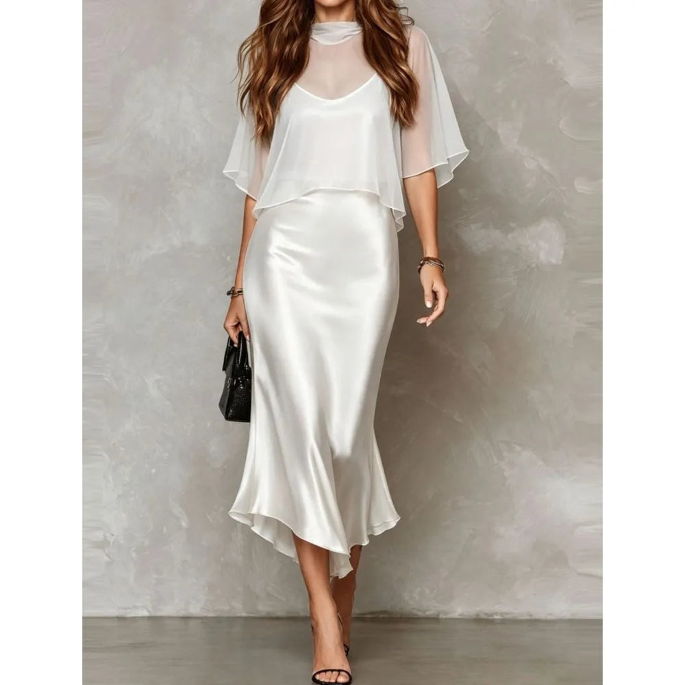 Elegant Women's Chiffon Cape Top Satin Mermaid Dresses Fashion Slim Bodycon Cami Dress Evening Party Cocktail Dress Female