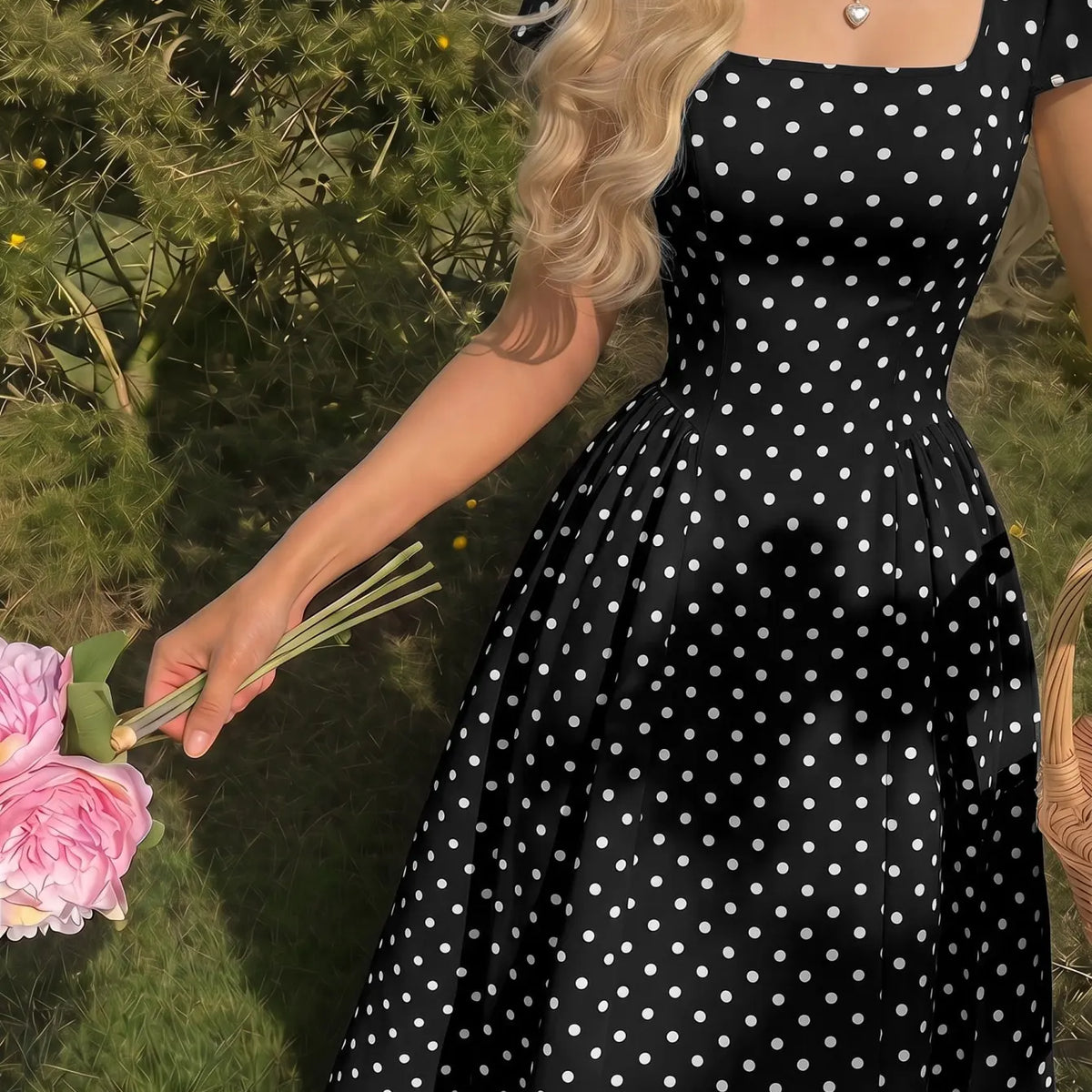 Women Polka Dot Chiffon Midi Dress Square Neck Puff Sleeve Pleated A-Line Dress Casual Summer Elegant Dresses Y2k Streetwear New