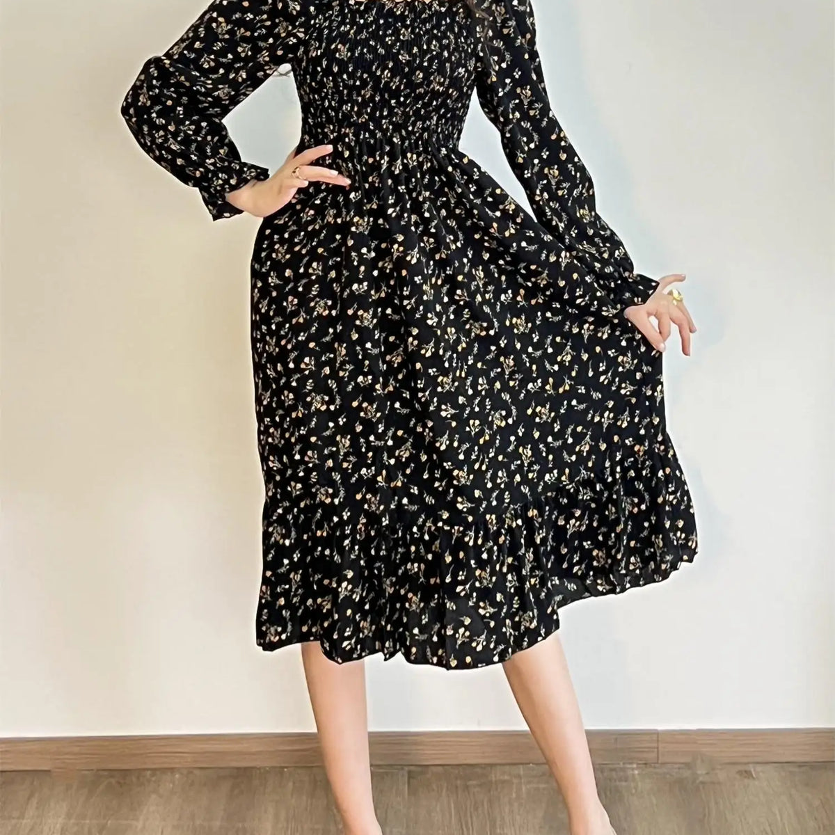 Long Sleeve Casual Dress Women Chiffon Dresses Autumn Spring A-line Printed Floral Elastic Chest Lace Up Midi Dresses Vestidos