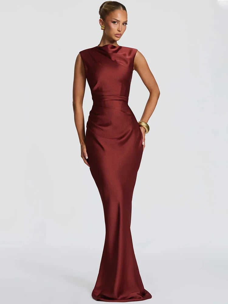 Mozision Satin Cowl Neck Mermaid Maxi Dress Women Elegant Sleeveless Draped Ruched Bodycon Long Evening Party Gown Vestidos