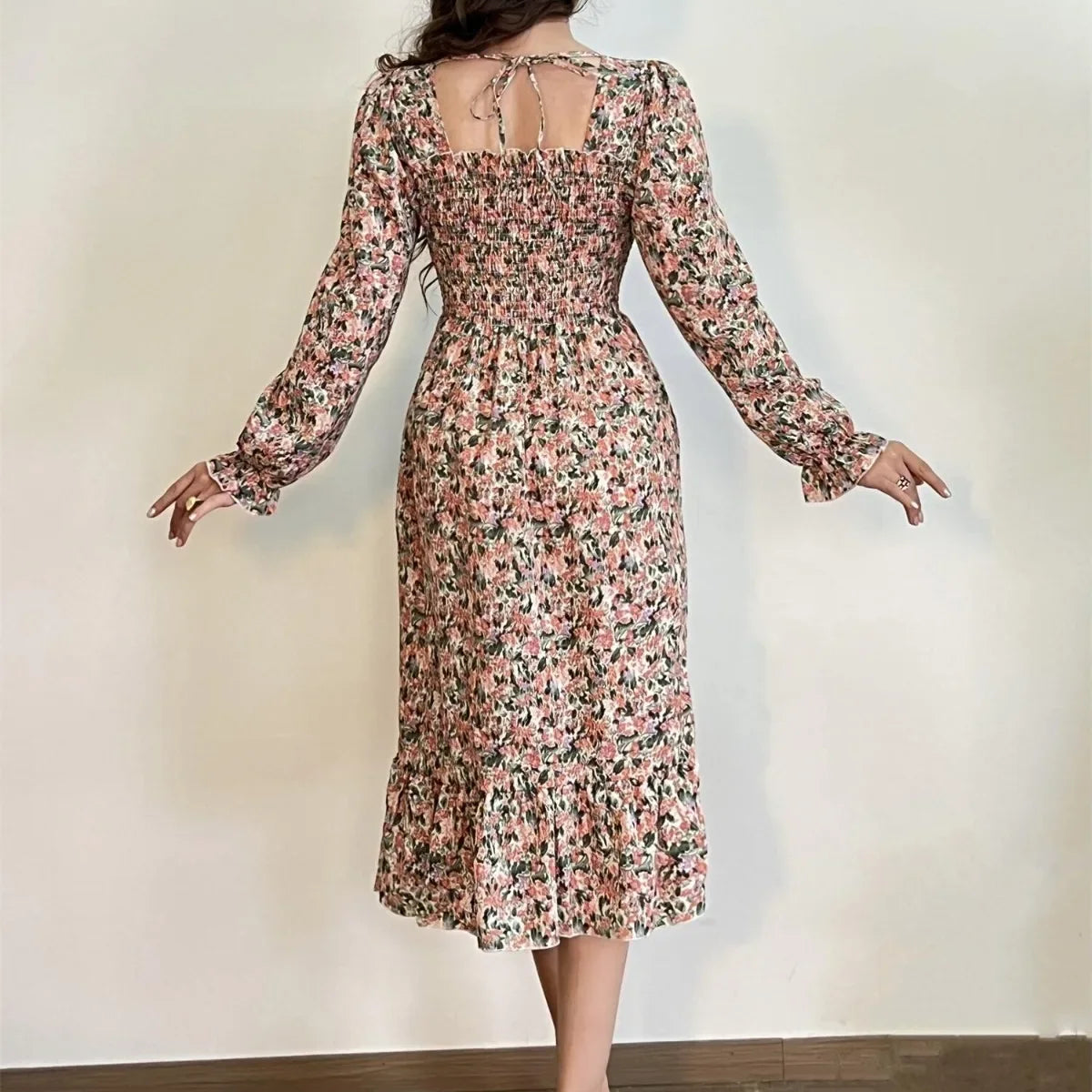 Long Sleeve Casual Dress Women Chiffon Dresses Autumn Spring A-line Printed Floral Elastic Chest Lace Up Midi Dresses Vestidos