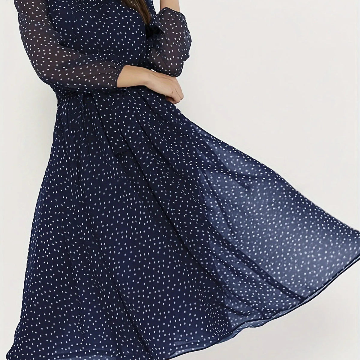 Women's Midi Dress Round Neck 3/4 Sleeve Polka Dot Print Chiffon Waist Tie Flared Big Hem Woman Clothing Dress for Garden Party