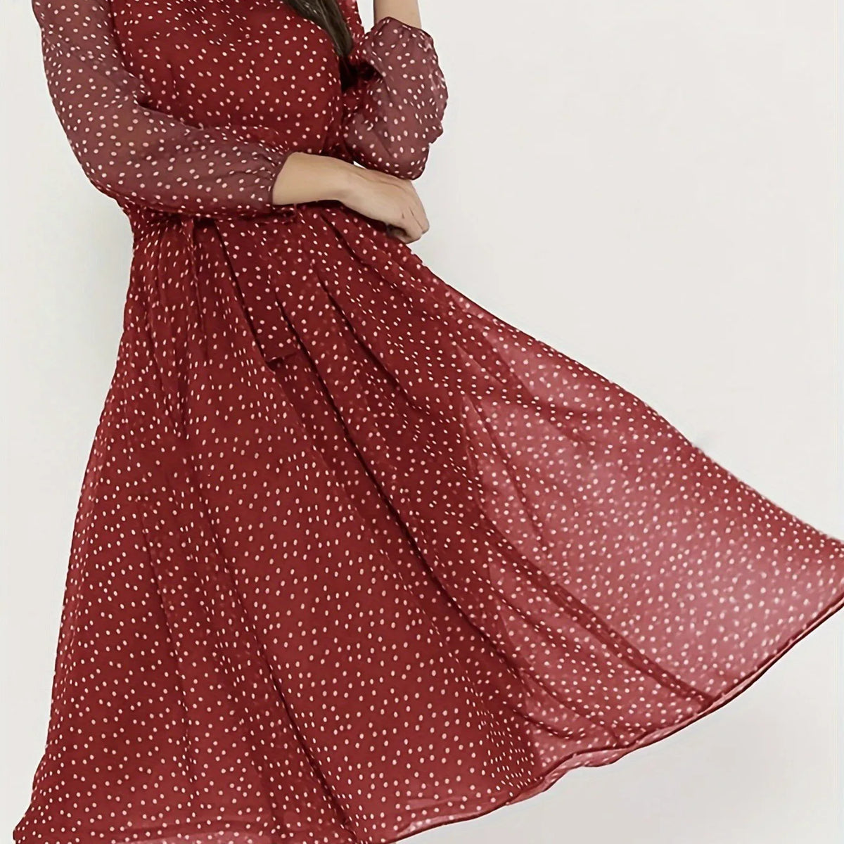 Women's Midi Dress Round Neck 3/4 Sleeve Polka Dot Print Chiffon Waist Tie Flared Big Hem Woman Clothing Dress for Garden Party