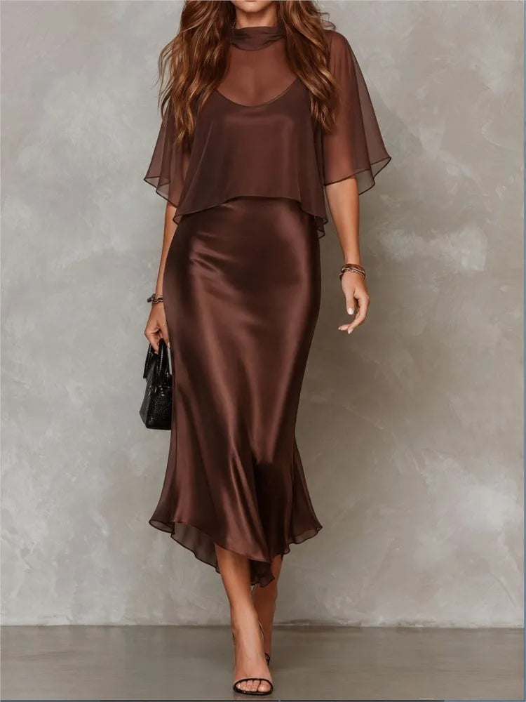 Elegant Women's Chiffon Cape Top Satin Mermaid Dresses Fashion Slim Bodycon Cami Dress Evening Party Cocktail Dress Female