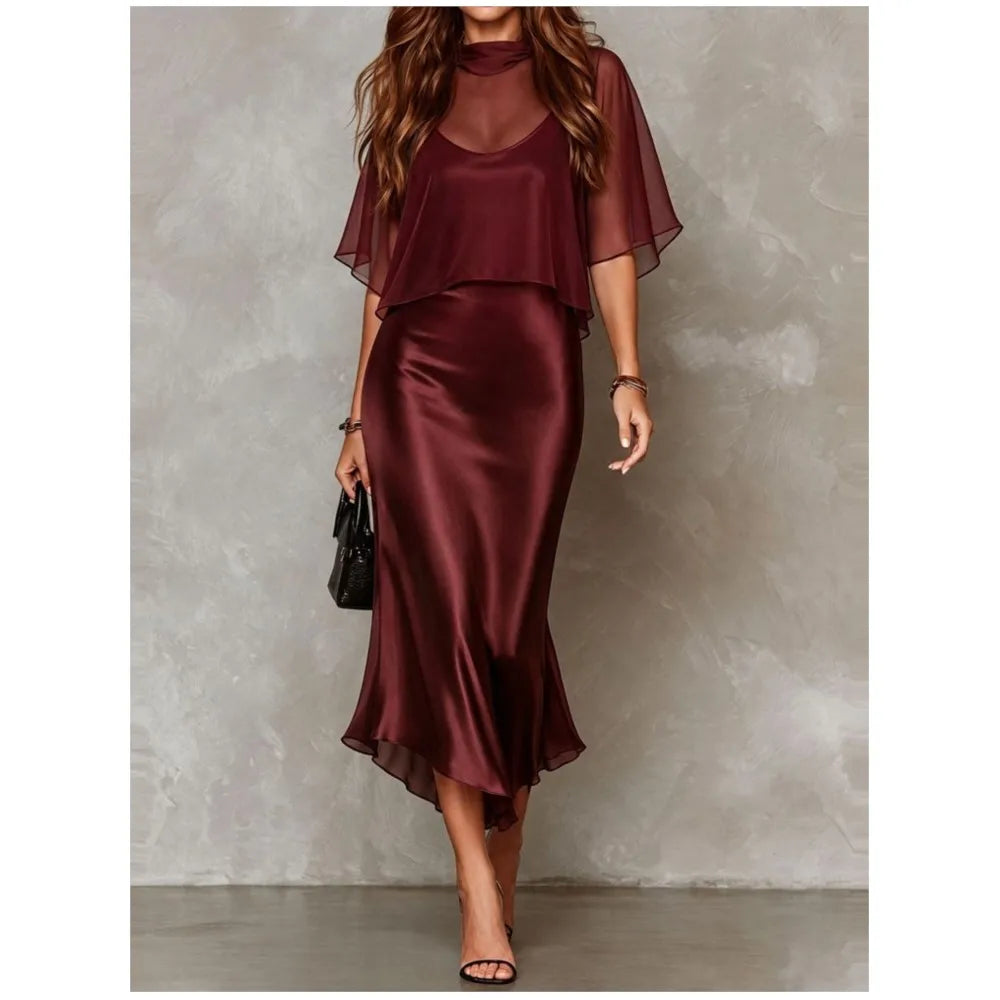 Elegant Women's Chiffon Cape Top Satin Mermaid Dresses Fashion Slim Bodycon Cami Dress Evening Party Cocktail Dress Female