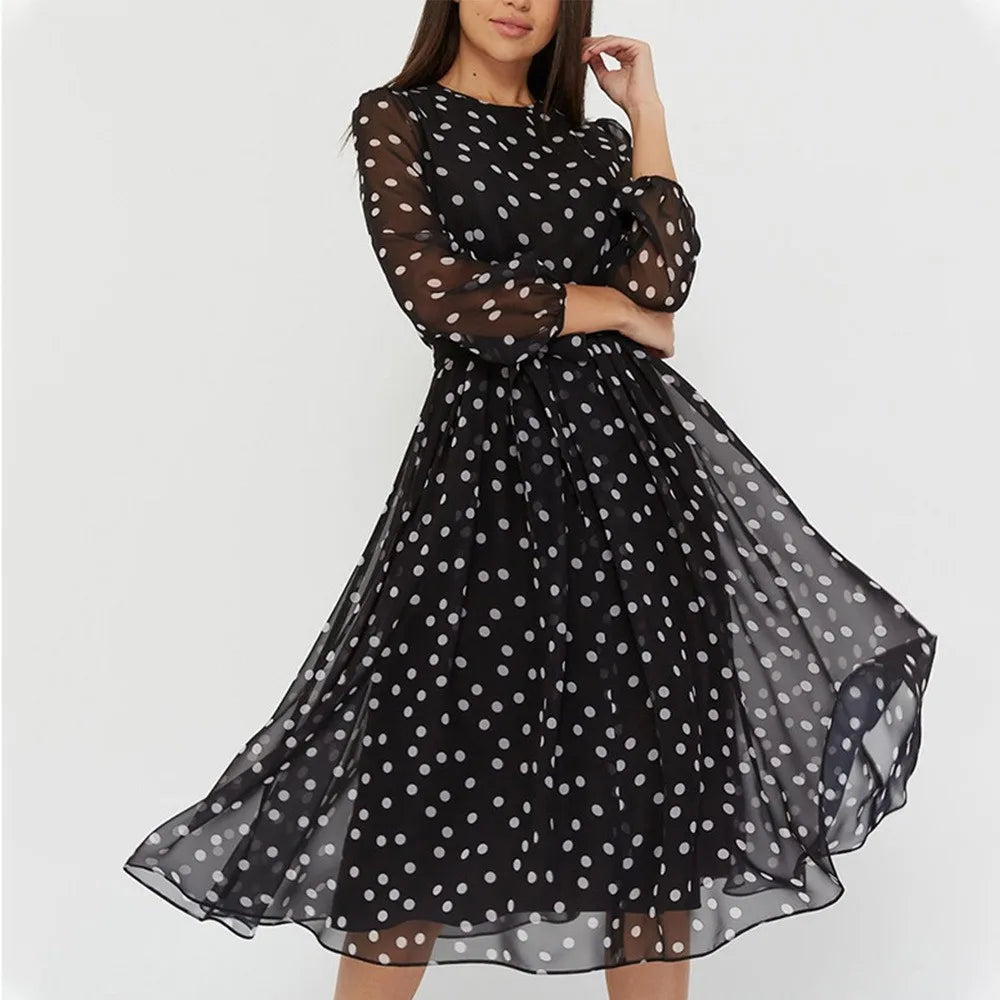Women's Midi Dress Round Neck 3/4 Sleeve Polka Dot Print Chiffon Waist Tie Flared Big Hem Woman Clothing Dress for Garden Party