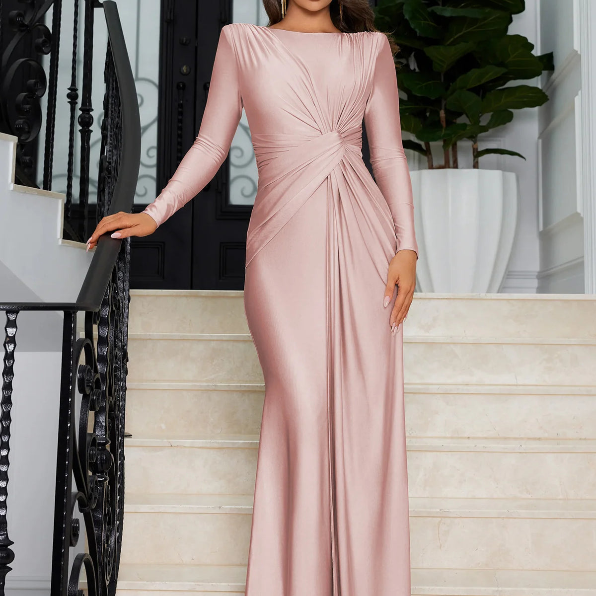 Dulzura Long Sleeves Shoulder Pad Ruched Maxi Dress Solid Elegant Prom Evening Party Long Dress Women’S Autumn Winter Outfit