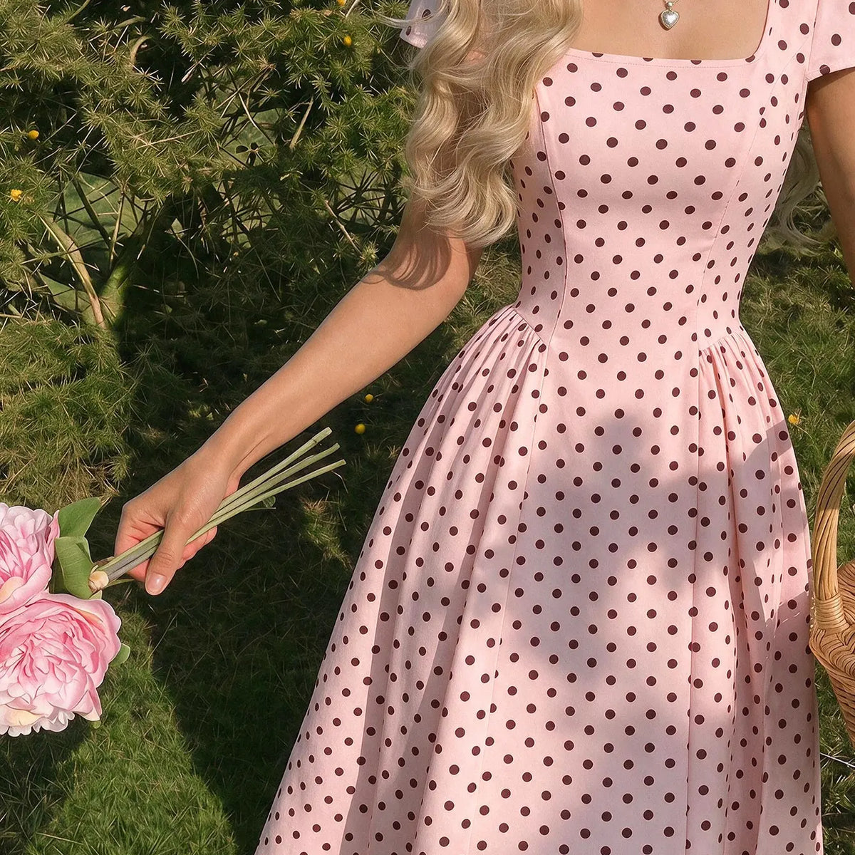 Women Polka Dot Chiffon Midi Dress Square Neck Puff Sleeve Pleated A-Line Dress Casual Summer Elegant Dresses Y2k Streetwear New