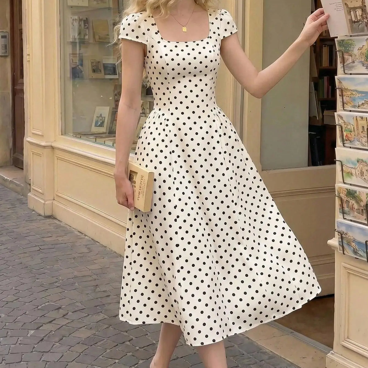 Women Polka Dot Chiffon Midi Dress Square Neck Puff Sleeve Pleated A-Line Dress Casual Summer Elegant Dresses Y2k Streetwear New