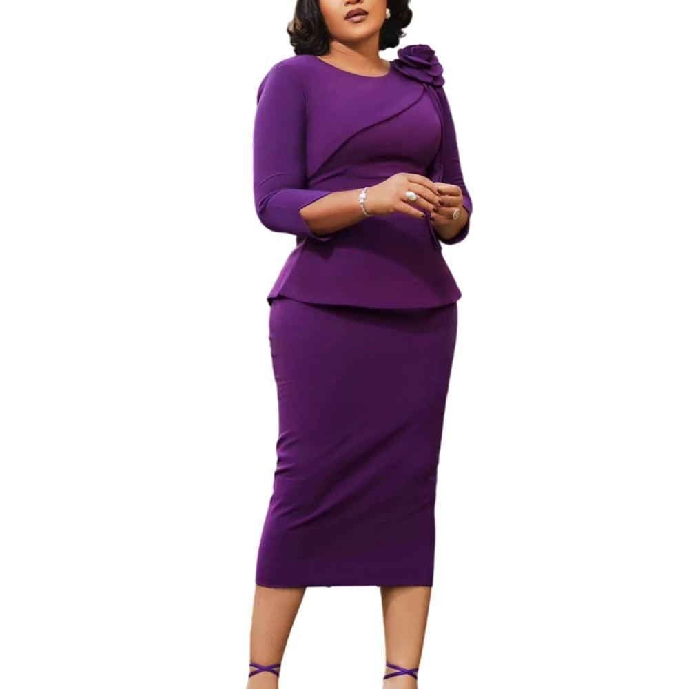 JENYAGE Women Modest Elegant Classy 3D Flower Peplum Midi Dress 3/4 Sleeve Round Neck Bodycon Pencil Formal Office Church Outfit