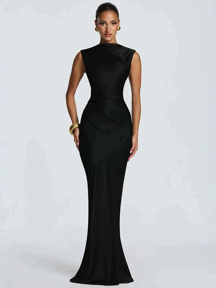 Mozision Satin Cowl Neck Mermaid Maxi Dress Women Elegant Sleeveless Draped Ruched Bodycon Long Evening Party Gown Vestidos