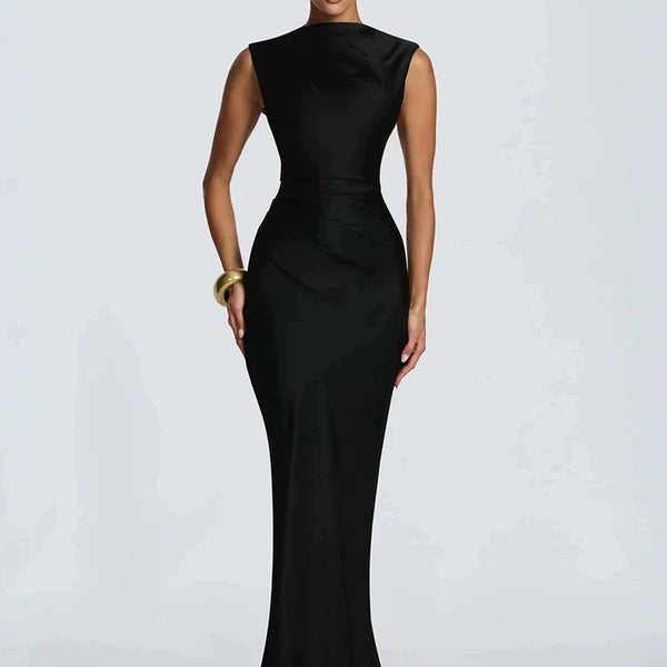 Mozision Satin Cowl Neck Mermaid Maxi Dress Women Elegant Sleeveless Draped Ruched Bodycon Long Evening Party Gown Vestidos