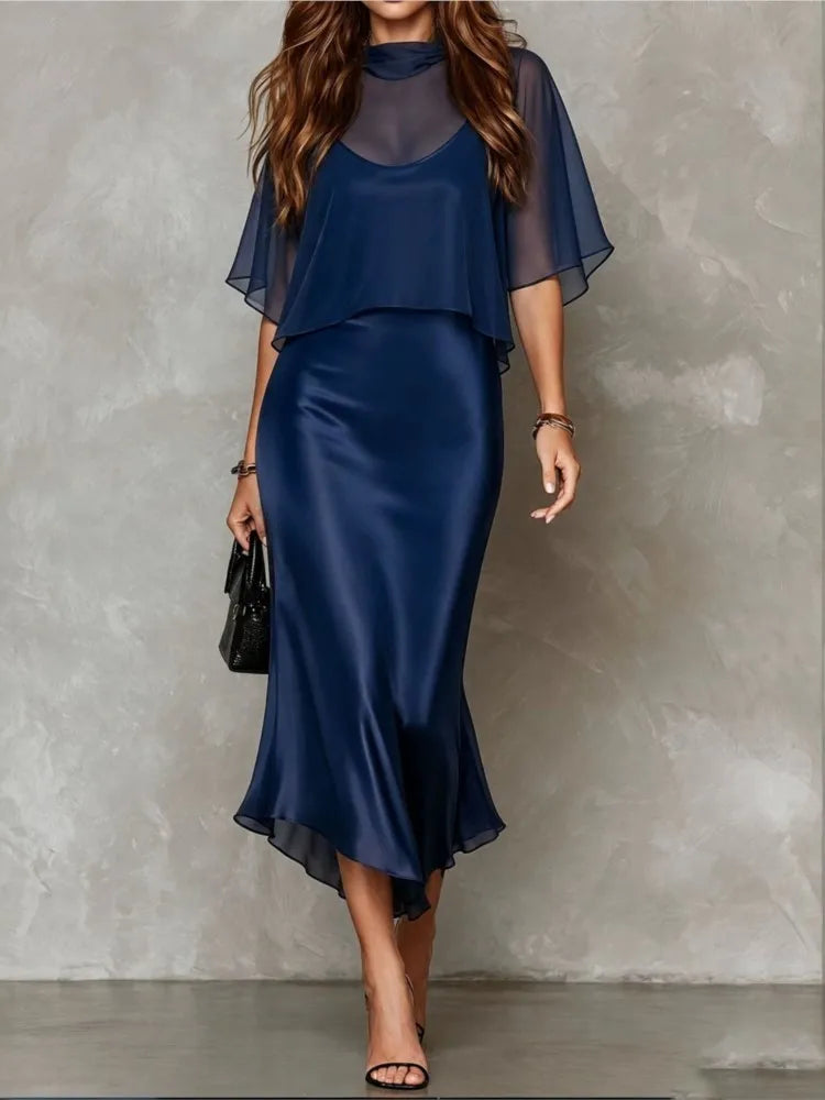 Elegant Women's Chiffon Cape Top Satin Mermaid Dresses Fashion Slim Bodycon Cami Dress Evening Party Cocktail Dress Female