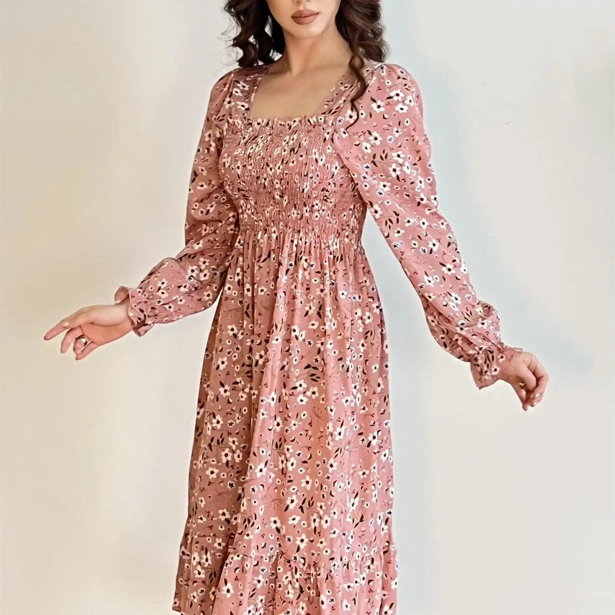 Long Sleeve Casual Dress Women Chiffon Dresses Autumn Spring A-line Printed Floral Elastic Chest Lace Up Midi Dresses Vestidos