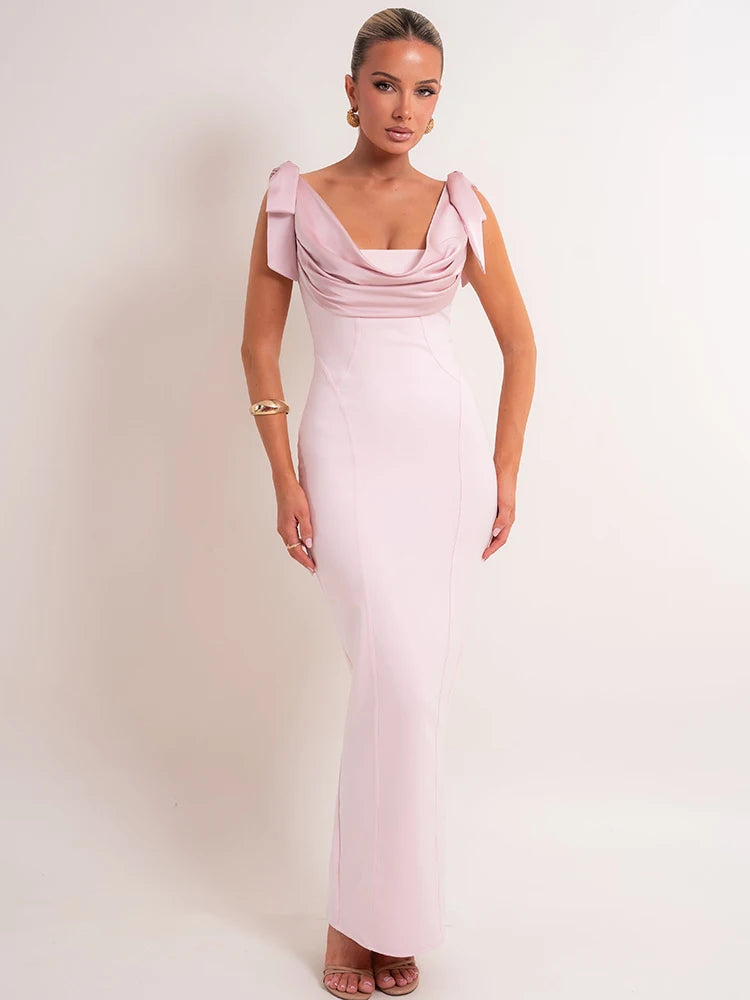Mozision Women Draped Cowl Neck Mermaid Maxi Dress Bow Shoulder Sleeveless Back Split Solid Pink Satin Evening Party Long Dress
